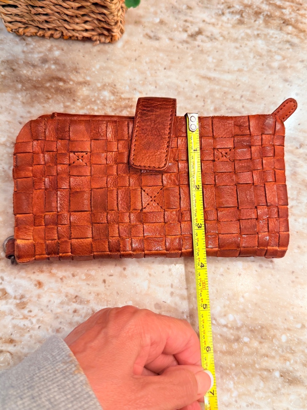 Woven Leather Zip-Around Wallet in Warm Brown
